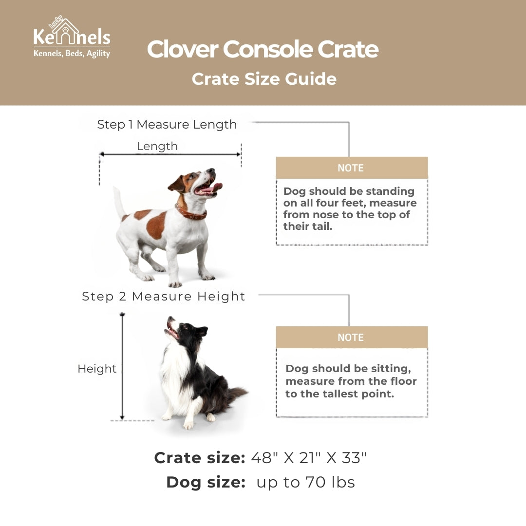 Lucky Kennels Clover Console Crate - Stylish Dog Crate with Metal Gate, 48" x 21" x 33", Wooden Base Design, Enhanced Airflow & Visibility