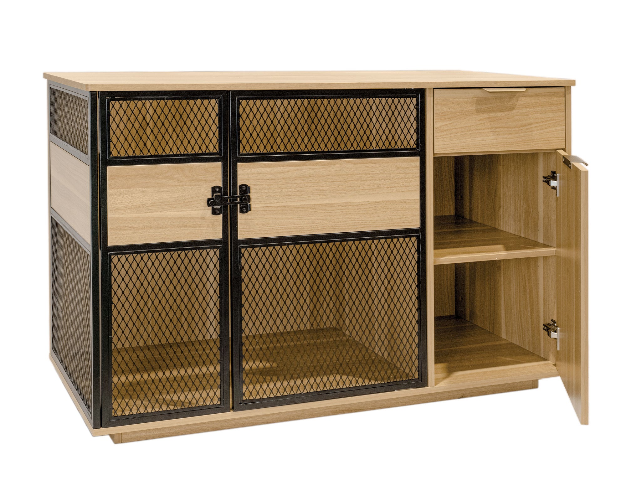 Lucky Kennels Clover Console Crate - Stylish Dog Crate with Metal Gate, 48" x 21" x 33", Wooden Base Design, Enhanced Airflow & Visibility