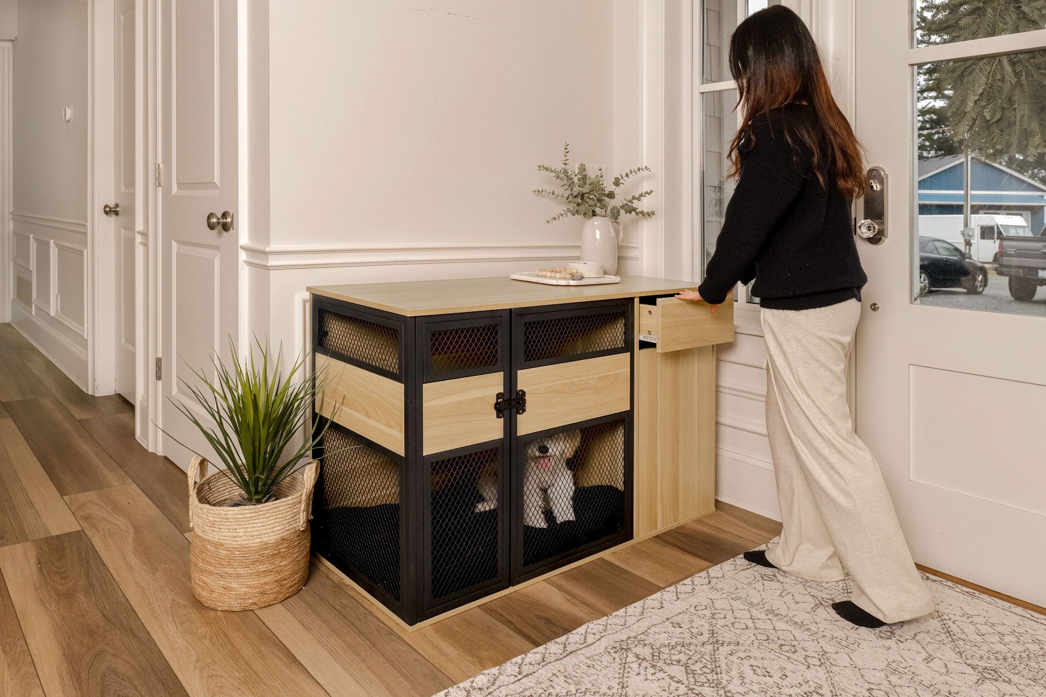 Lucky Kennels Clover Console Crate - Stylish Dog Crate with Metal Gate, 48" x 21" x 33", Wooden Base Design, Enhanced Airflow & Visibility