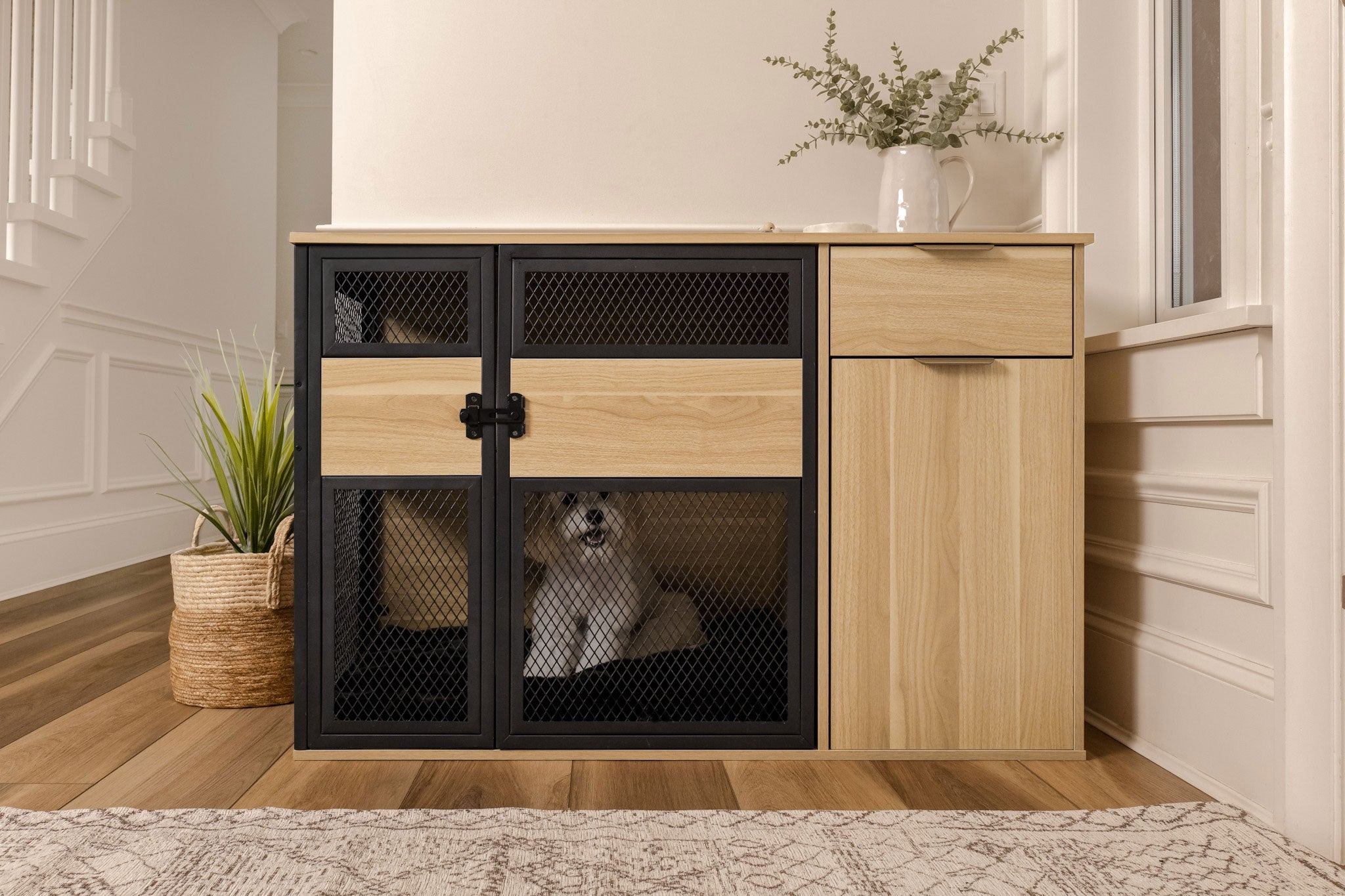 Lucky Kennels Clover Console Crate - Stylish Dog Crate with Metal Gate, 48" x 21" x 33", Wooden Base Design, Enhanced Airflow & Visibility