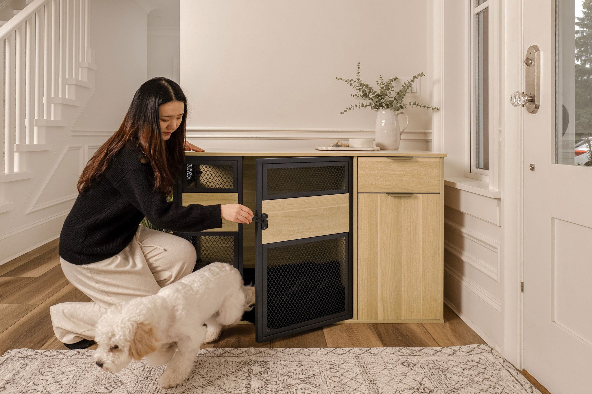 Lucky Kennels Clover Console Crate - Stylish Dog Crate with Metal Gate, 48" x 21" x 33", Wooden Base Design, Enhanced Airflow & Visibility
